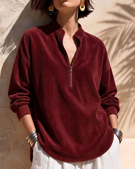 Zip Stand Collar Corduroy Blouse