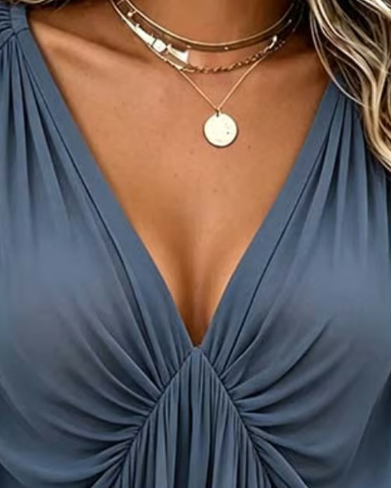 V-Neck Shirred Casual Blouse