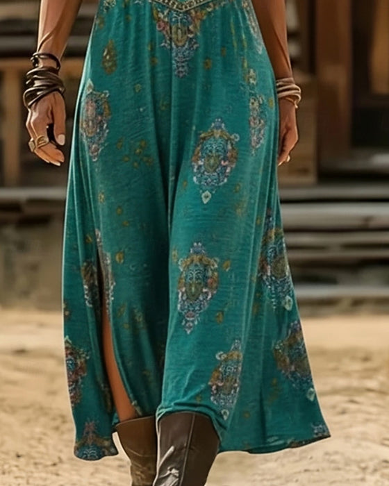 Bohemian V-Neck Printed Slit Dress