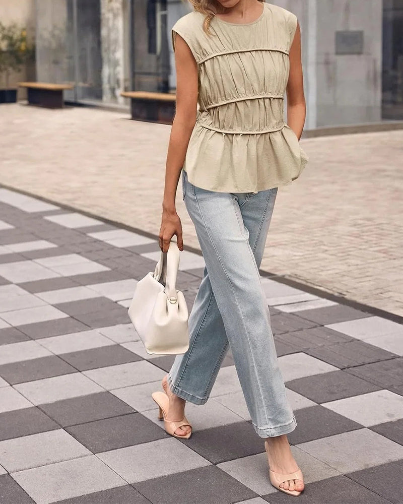Crew Neck Smocked Waist Blouse