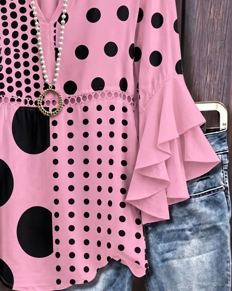 Mixed Polka Dot Patchwork Ruffle Blouse