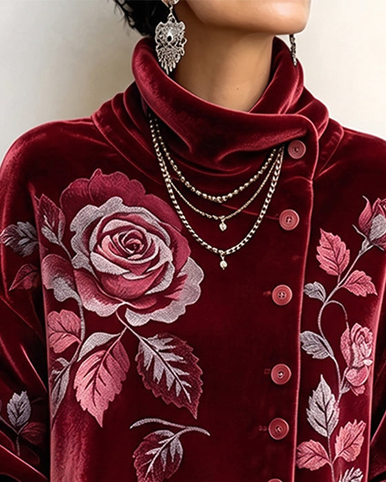 Rose Print Button Irregular Top
