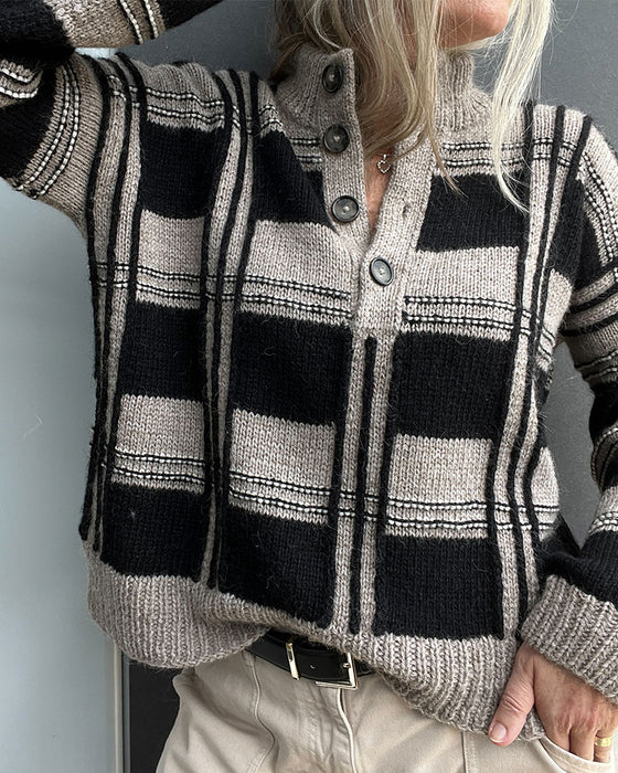 Button Turtleneck Check Color-Block Pullover