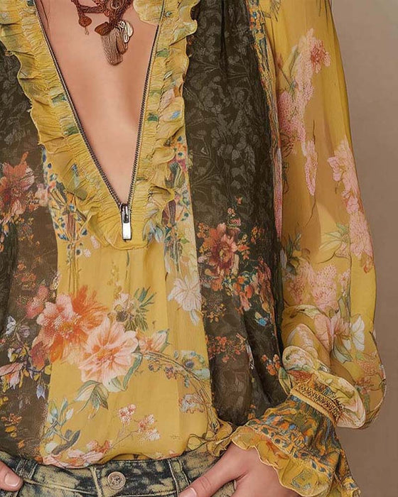 Half-Zip Floral Print Blouse