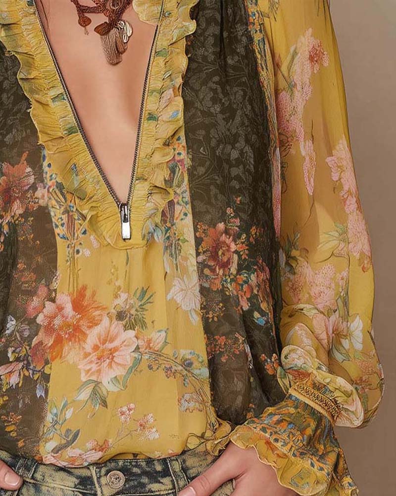 Half-Zip Floral Print Blouse