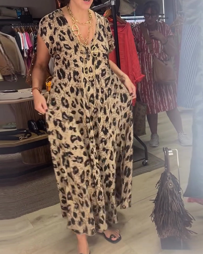 V-Neck Leopard Short Sleeve Dress