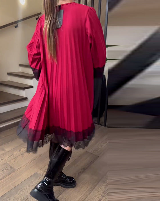 Pleated Loose Round Neck Dress