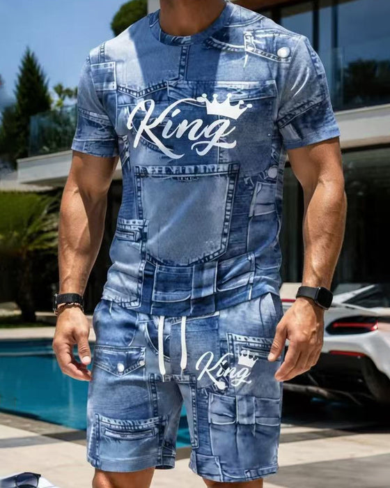 Men's Round Neck Monogram T-Shirt Drawstring Shorts Set