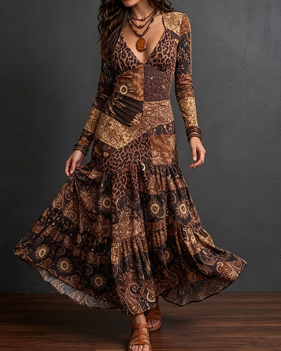 V-Neck Leopard Print Ruffled Long-Sleeve Dress