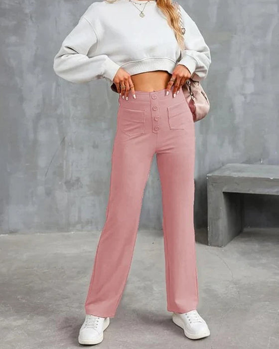High-Waisted Button-Down Wide-Leg Pants