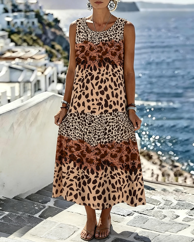 Color Block Leopard Print Sleeveless Midi Dress