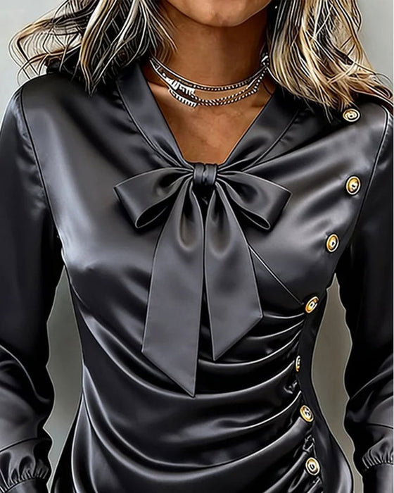 V-Neck Bow Shirred Button Blouse