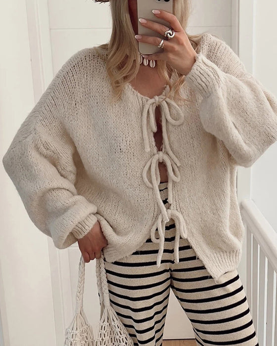Lazy style solid color lace-up cardigan