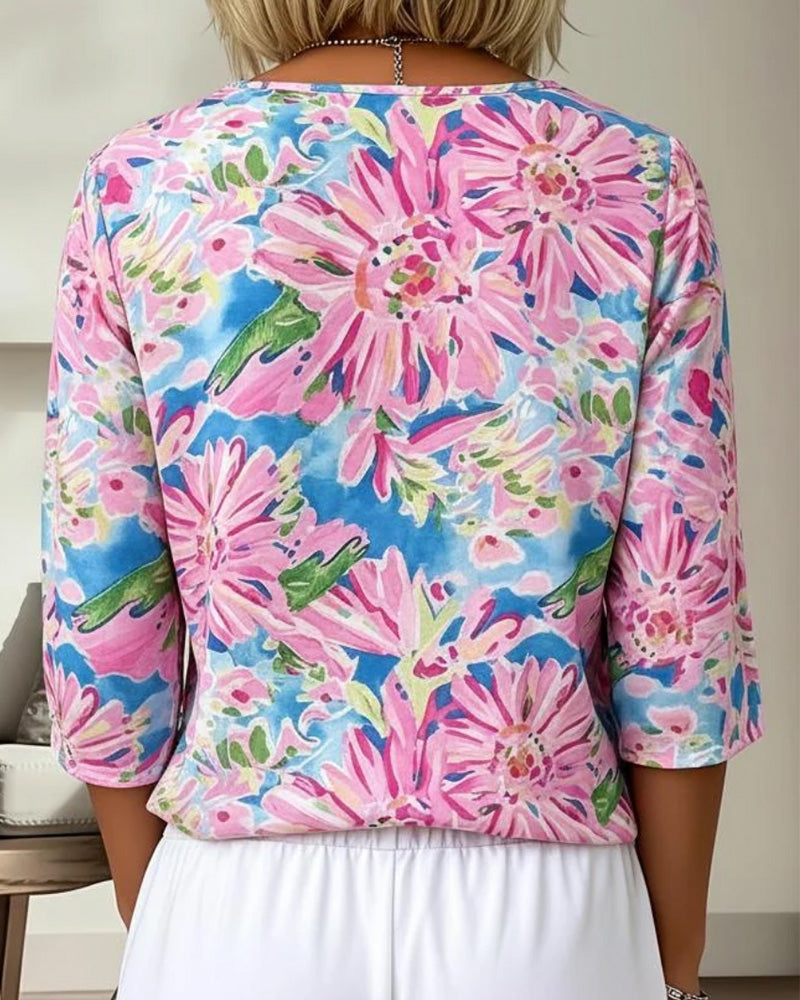 Floral V-Neck Half Sleeve Blouse