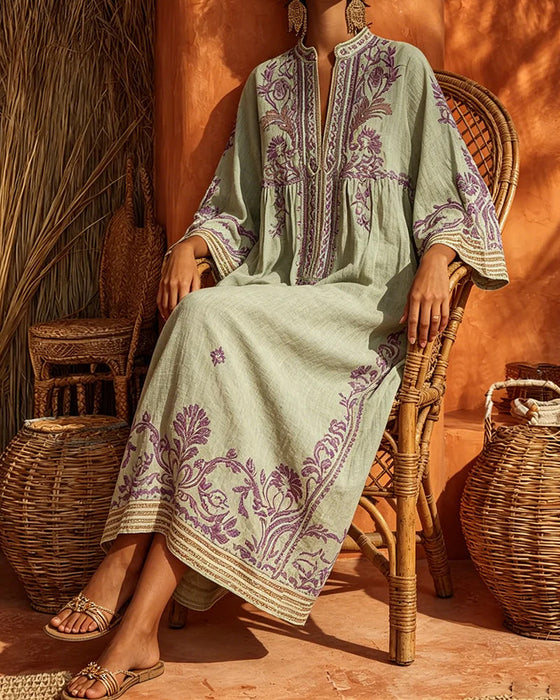 V-Neck Ethnic Print Loose Fit Dress