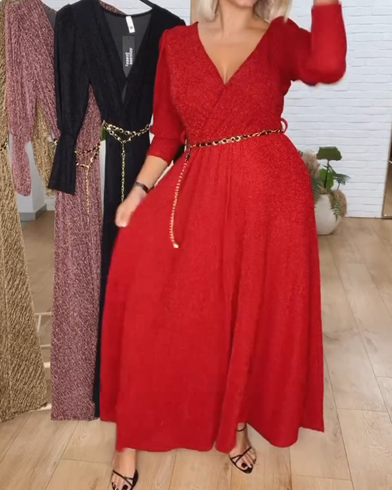 Stylish Solid Color V-Neck Dress