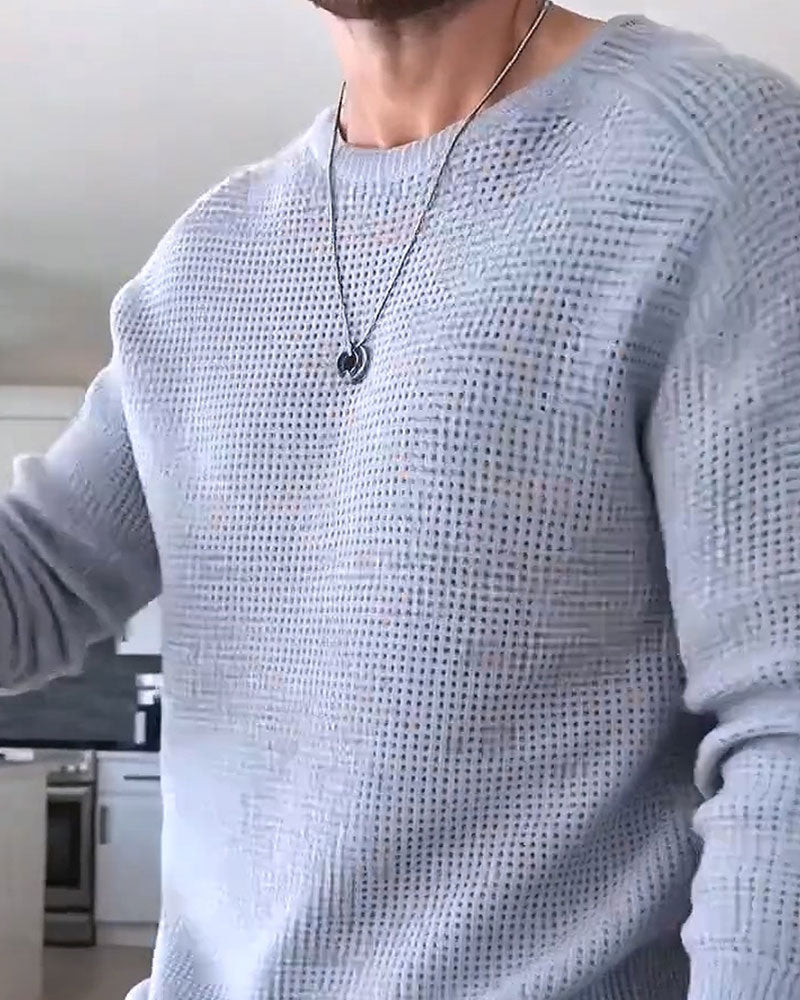 Men's Crew Neck Waffle Long-Sleeve Pullover