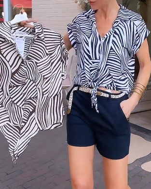 Zebra Print Lapel Short Sleeve Blouse
