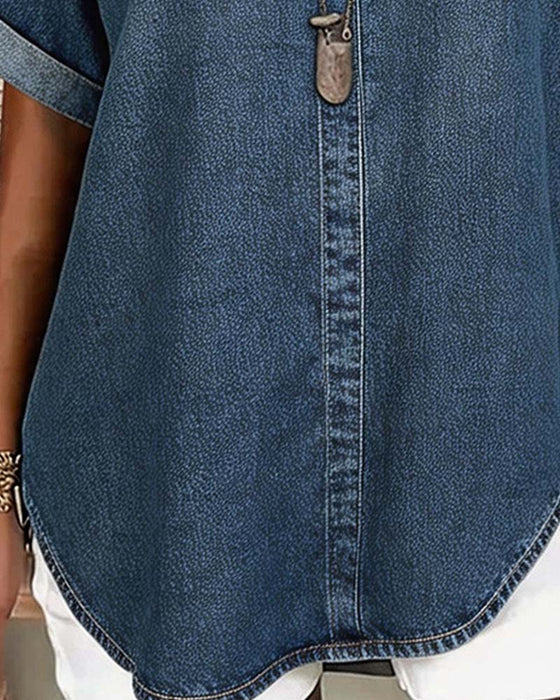 V-Neck Denim Short-Sleeve Blouses