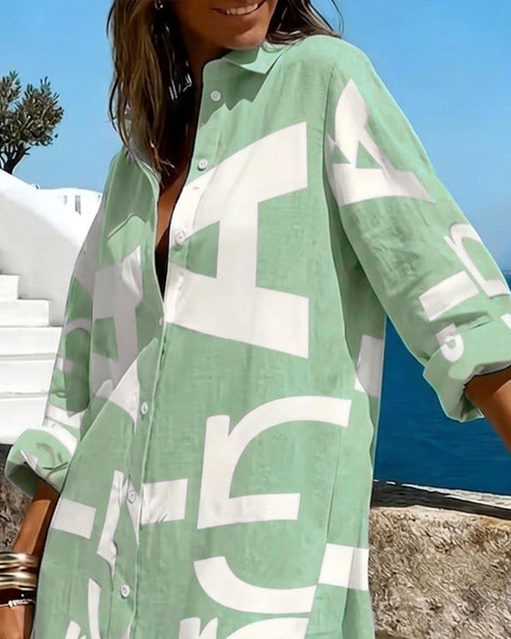 Letter Print Button Long Sleeve Dress