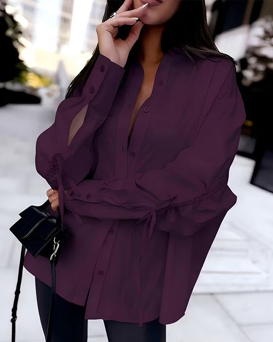 Tie Ruched Button Front Loose Shirt