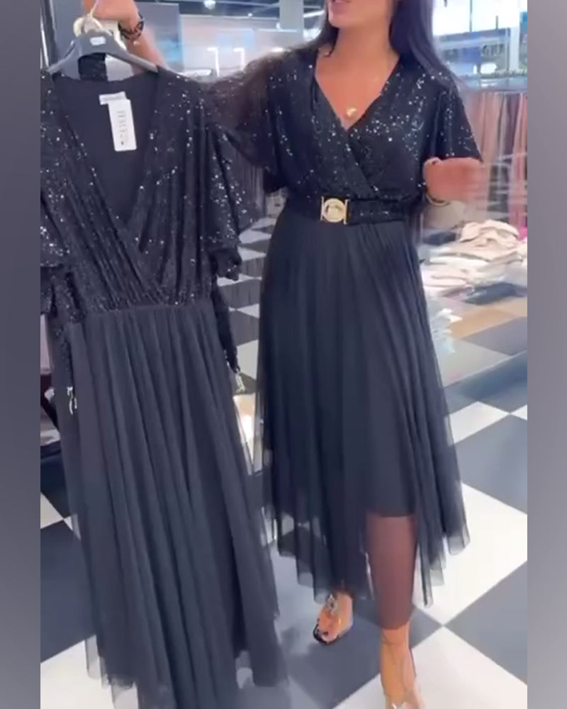 V-Neck Mesh Hem Fashion Dress