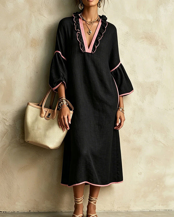 V-Neck Ruffle Color-Block Irregular Dress