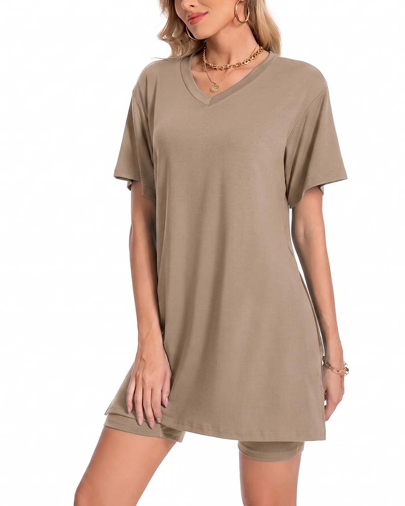 V-Neck Side Split Short Sleeve Set