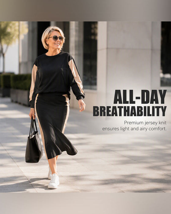 Crew Neck Color-Block Skirt Set