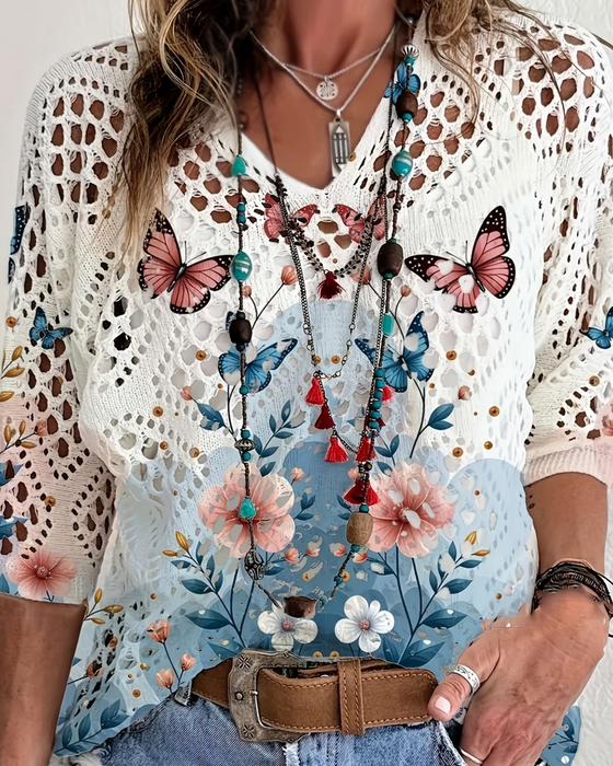 Butterfly Floral Cutout Pulloverx