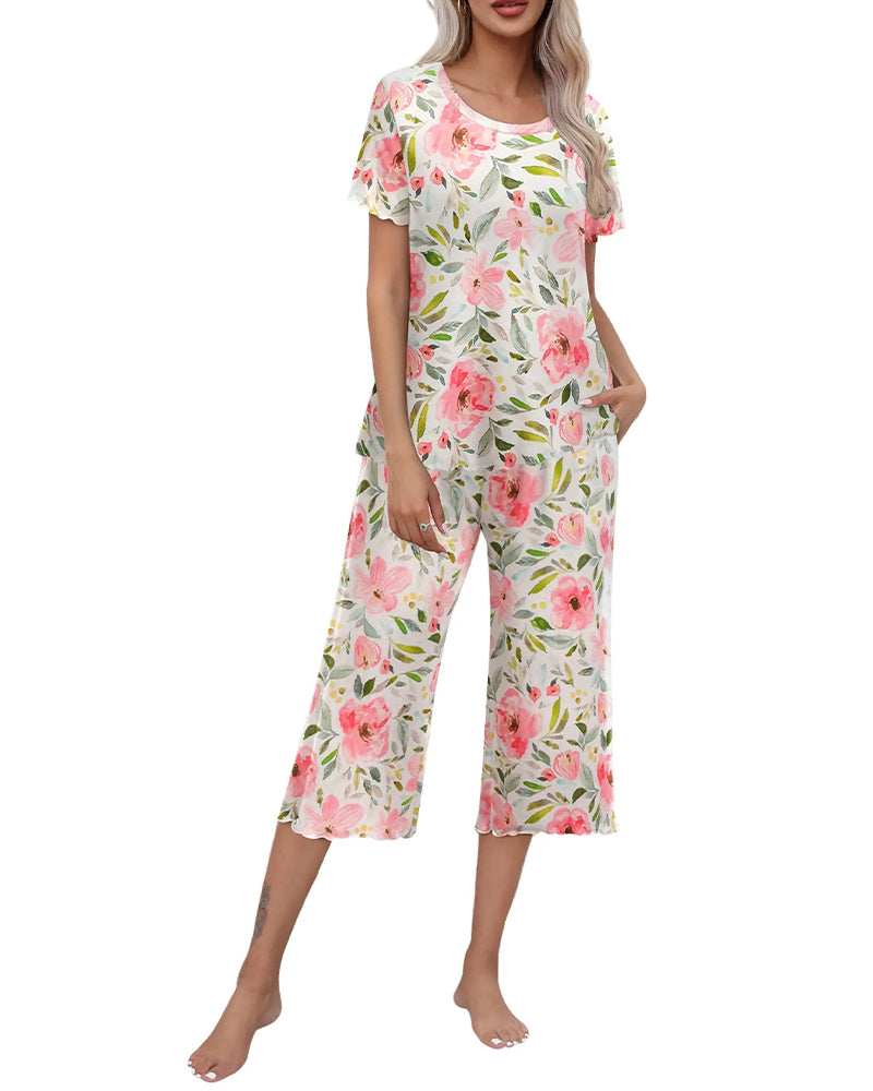 Round Neck Leopard Print Short Sleeve Seven-Point Pants Set