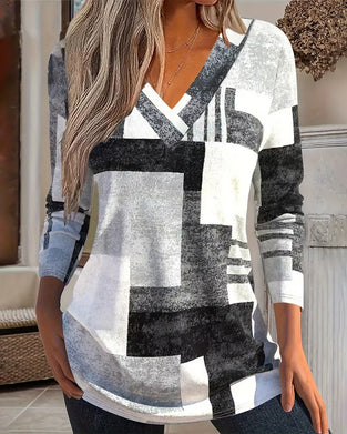 Geometric Print Long Sleeve V-Neck Top