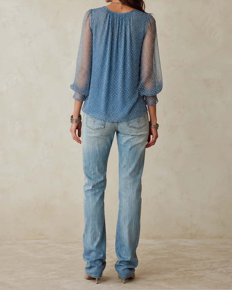 Slouchy Mock Neck Polka Dot Mesh Blouse