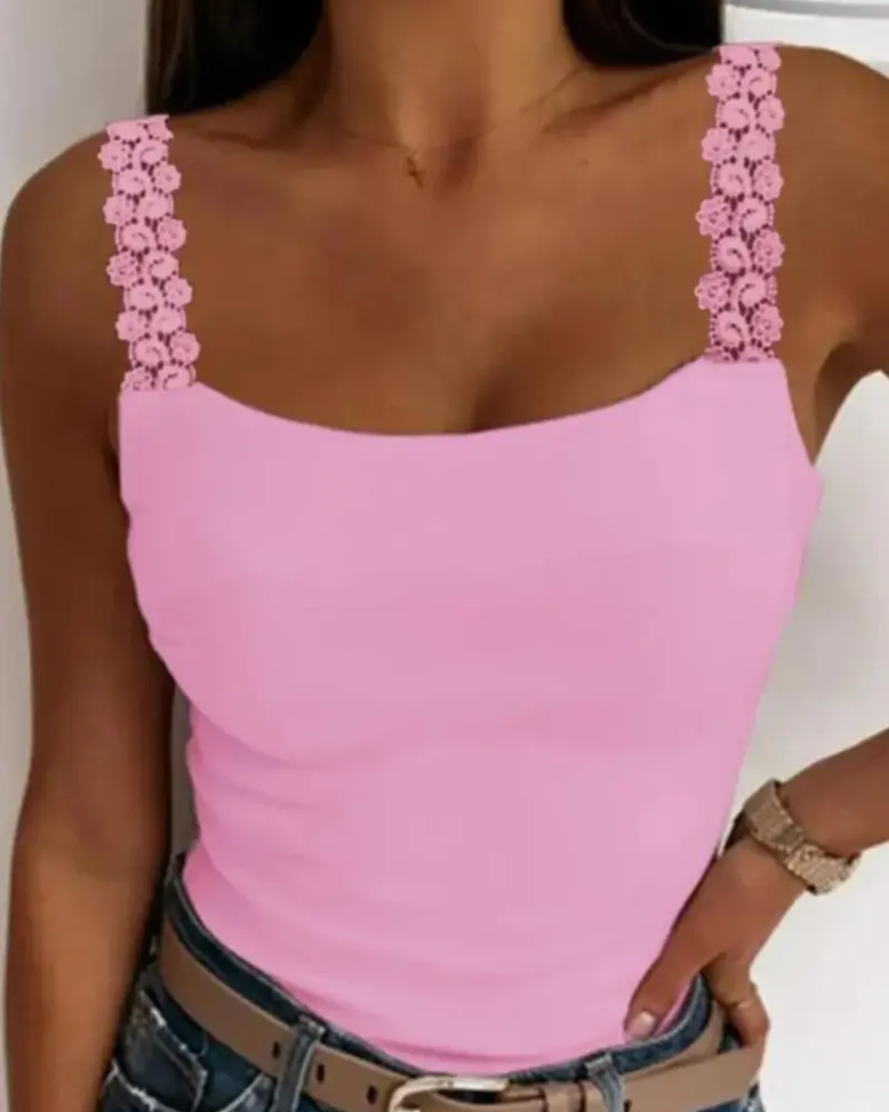 Lace Trim Strap Solid Sexy Camis