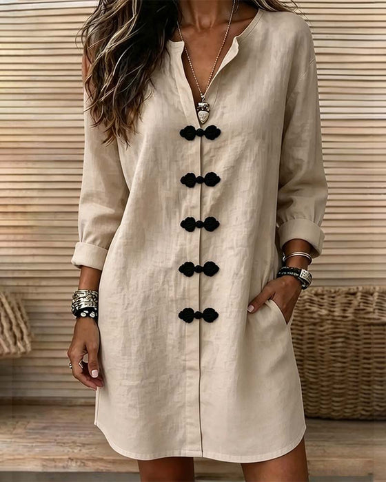 V-Neck Button-Front Shirt Style Short Dress
