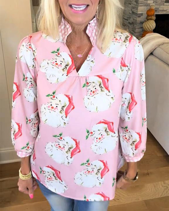 Santa Claus Print V-Neck Shirt