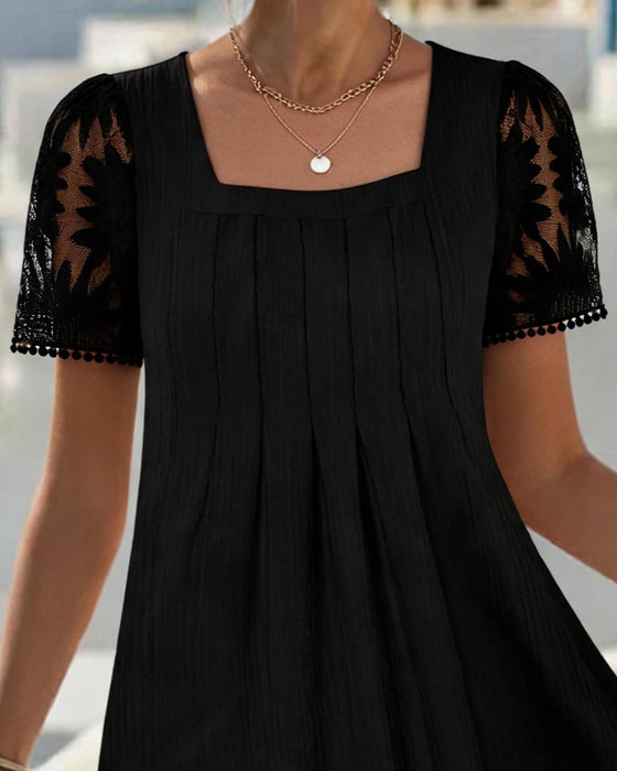 Square Neck Solid Lace Patchwork High Waist Dress