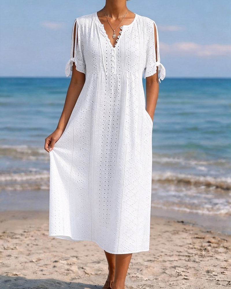 Hollow Out V Neck Tie Side Slit Cold Shoulder Dress