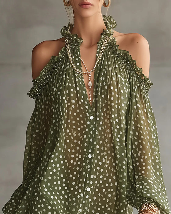 Polka Dot Halter Cold Shoulder Dress