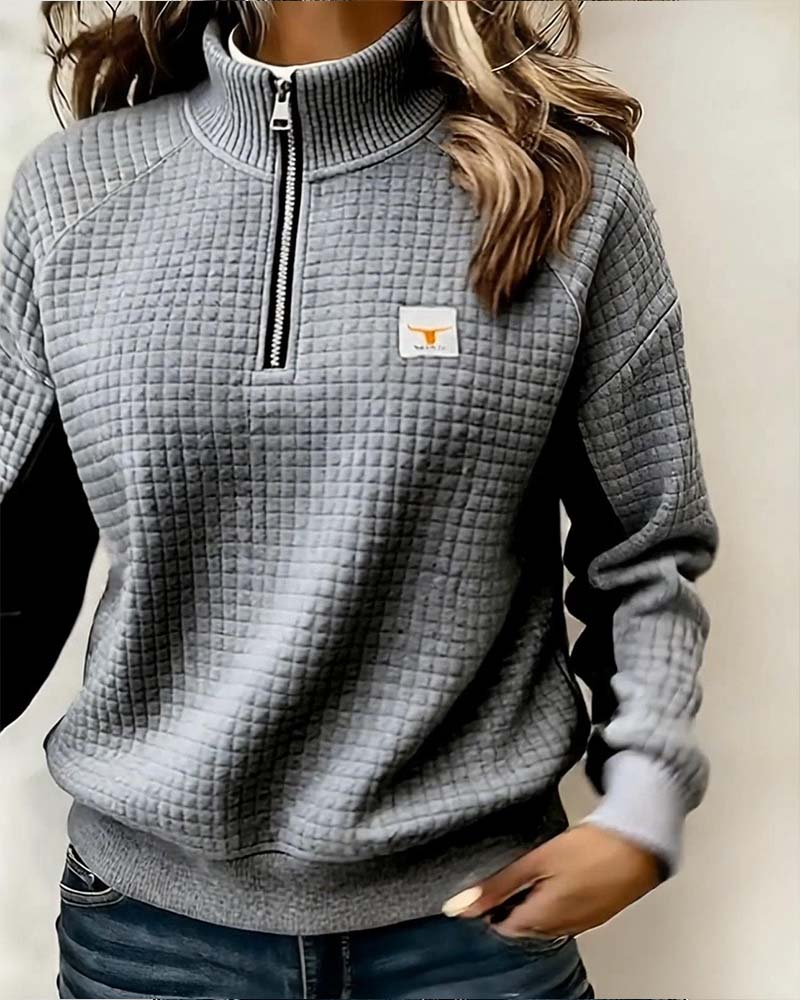 Stand Collar Waffle Color Block Sweatshirt