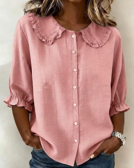 Peter Pan Collar Cotton Linen Ruffled Button-Front Shirt
