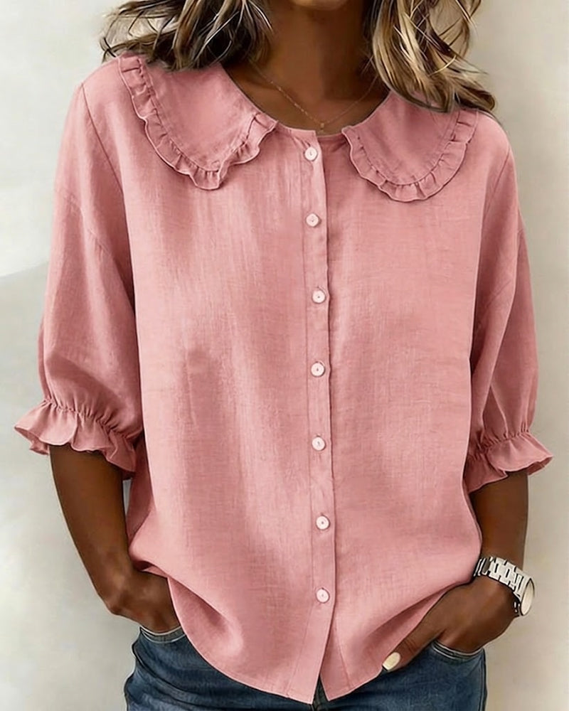 Peter Pan Collar Cotton Linen Ruffled Button-Front Shirt