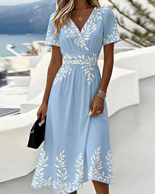 V-Neck Print Waist-Cinching A-Line Dress