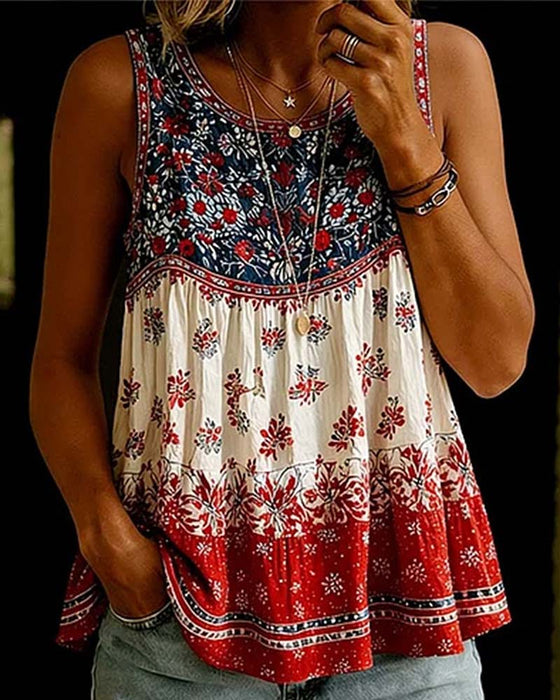 Sleeveless Crew Neck Bohemian Tank Top