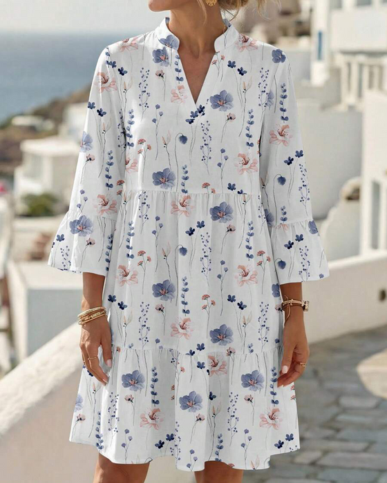 V-Neck Floral Print Midi Dress