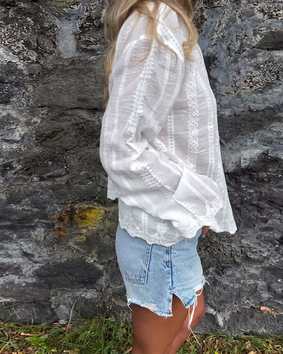 Embroidered Hollow Polo Collar Casual Shirt