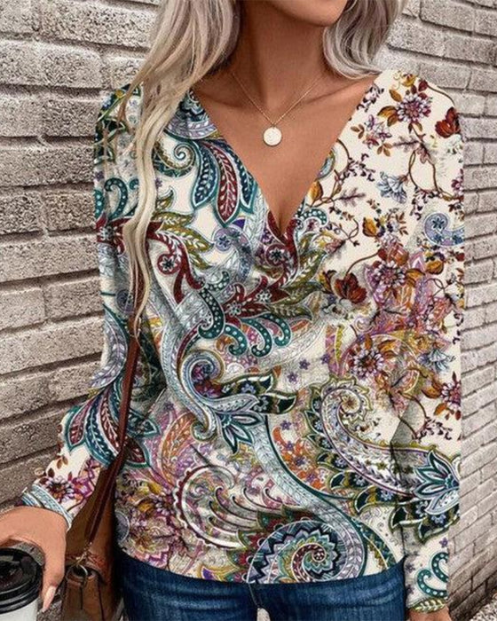 V-Neck Three-Quarter Sleeve Floral T-Shirt