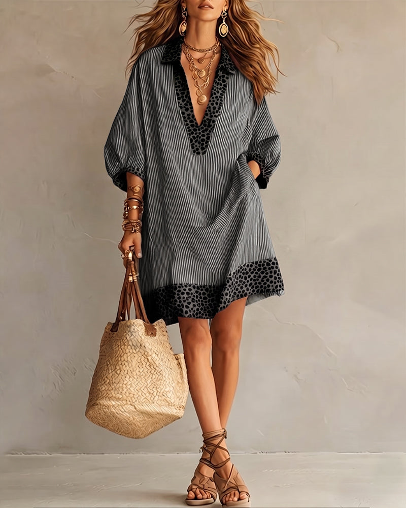 Leopard Print Panel Puff Sleeve Striped Shirt Dress