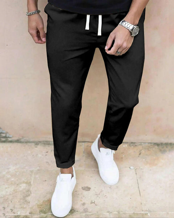 Men's Solid Drawstring Slim Fit Cropped Pant