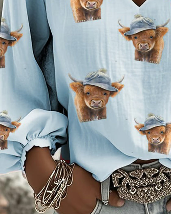 V-Neck Animal Print Puff Sleeve Blouse